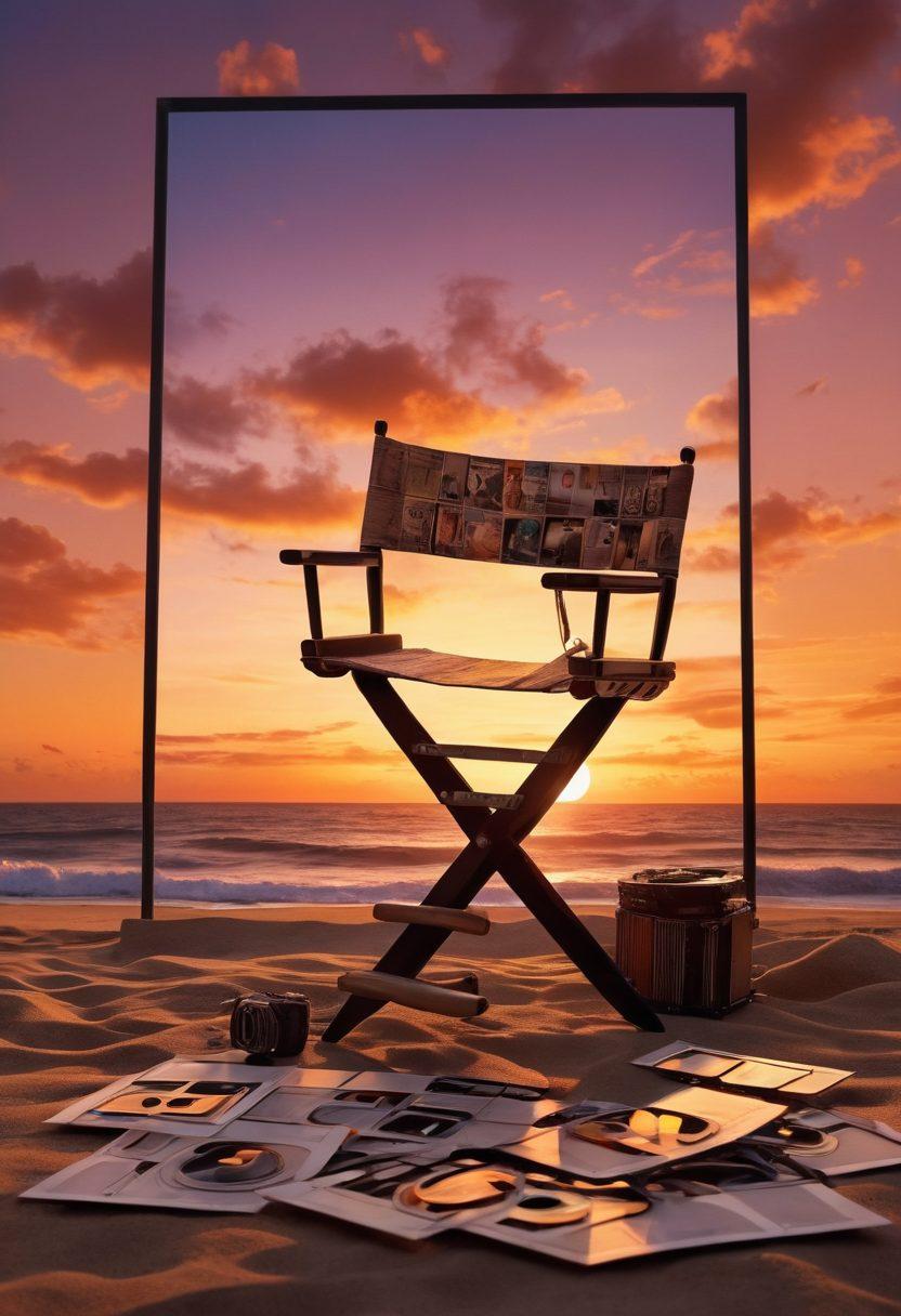 A cinematic montage featuring a director's chair, a film reel, and iconic scenes from various cultural films interwoven with images of famous storytellers. The backdrop depicts a vibrant sunset over a film set, symbolizing the fusion of culture and truth in storytelling. Incorporate elements like a camera and a film script scattered on the ground. rich color palette. super-realistic.