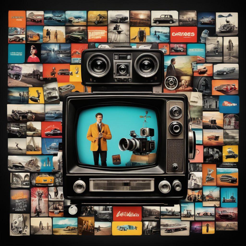 A dynamic collage showcasing the progression of factual entertainment, featuring a documentary filmmaker with a camera on one side, and a lively reality TV set on the other side. Elements like vintage film reels, modern cameras, and vibrant TV screens should blend seamlessly. Include quotes about storytelling and entertainment evolution floating in the background. Bold colors and a sense of motion to emphasize change. vibrant colors. digital art.