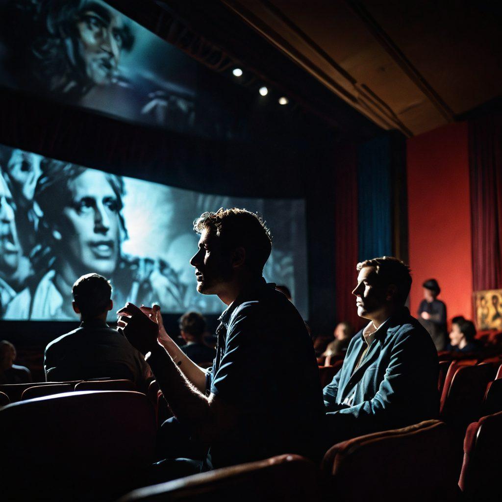 A filmmaker in a darkened theatre, intensely focused on a film reel projecting a powerful documentary scene, surrounded by vivid emotions illustrated in the audience's faces. Shadows and light play on the walls, highlighting the contrasting realities captured through the lens. The setting evokes a sense of depth and immersion into the truth of storytelling. cinematic style. dramatic lighting. vibrant colors.